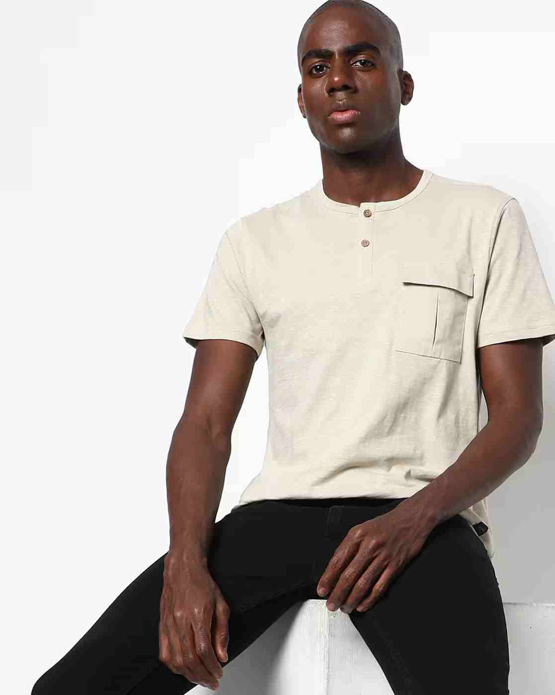 Regular Fit Space-Dyed Henley T-Shirt with Flap Pocket