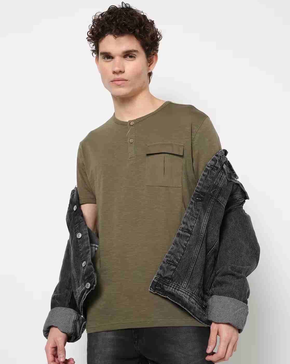 DNMX | Regular Fit Space-Dyed Henley T-Shirt with Flap Pocket|0