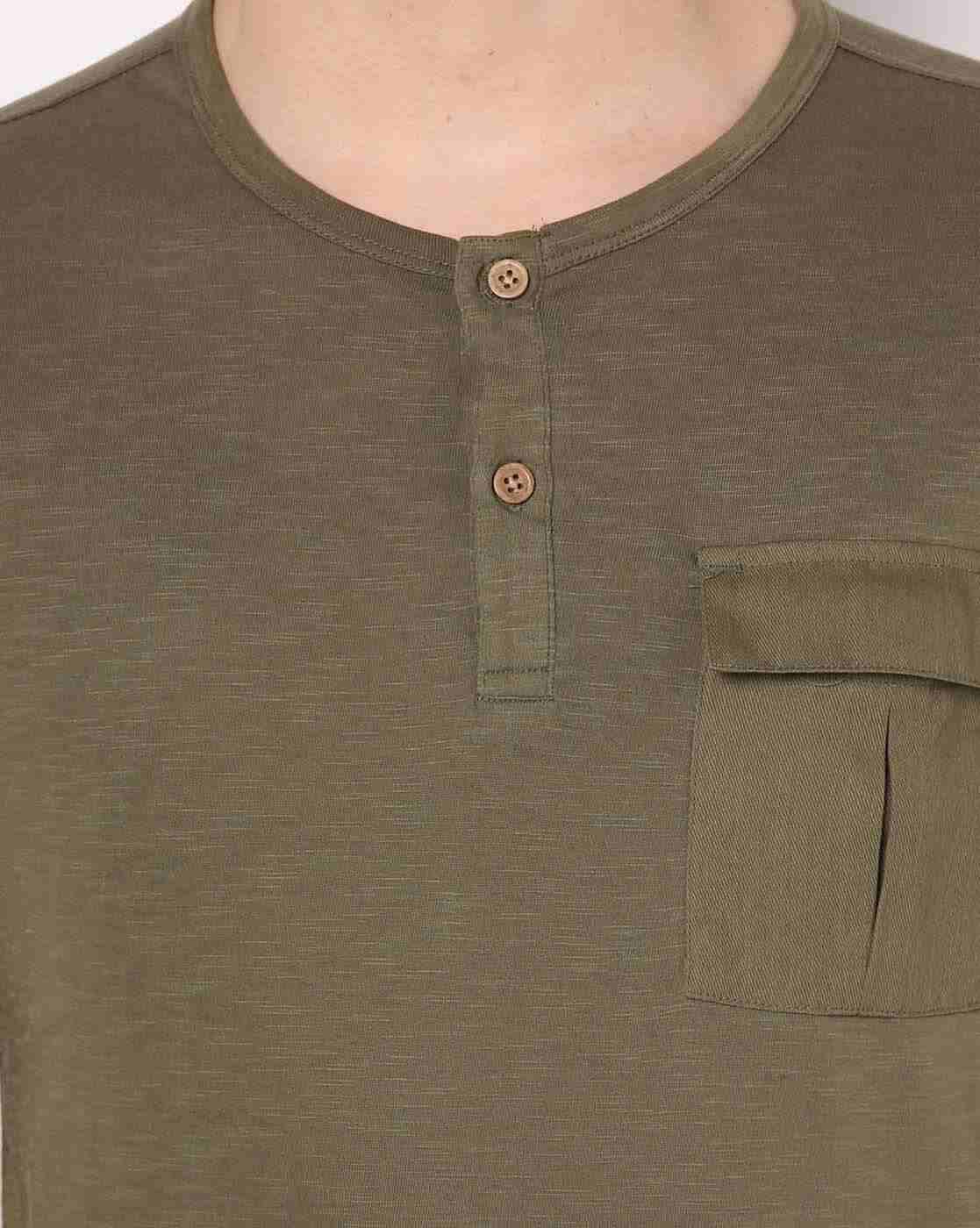 DNMX | Regular Fit Space-Dyed Henley T-Shirt with Flap Pocket|2