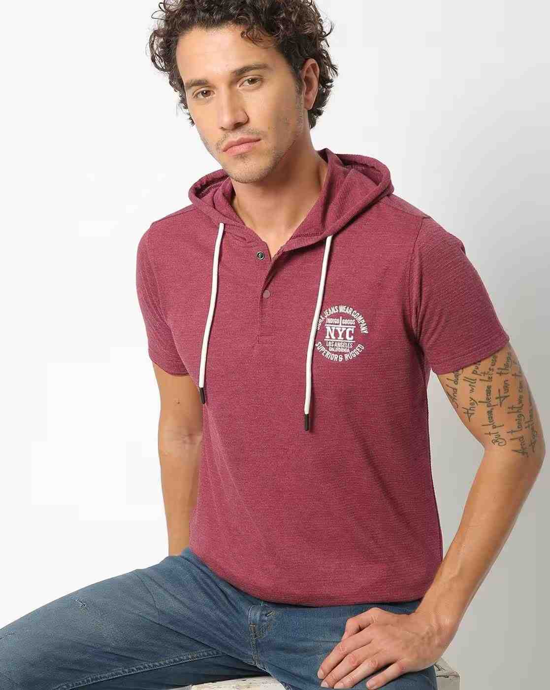 DNMX | Regular Fit Hooded T-Shirt with Crest Embroidery|0