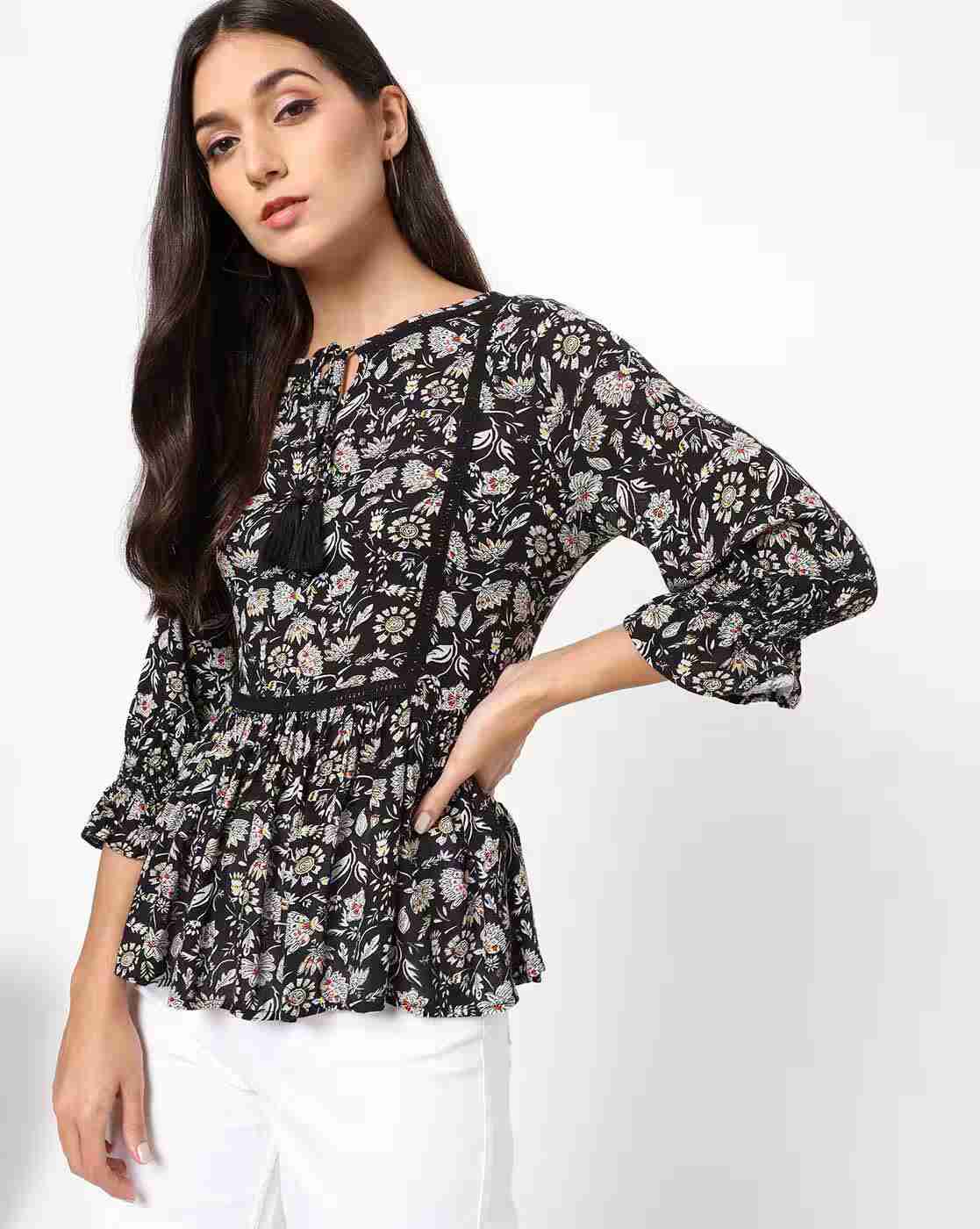 Floral Print Flared Top with Tasselled Tie-Up