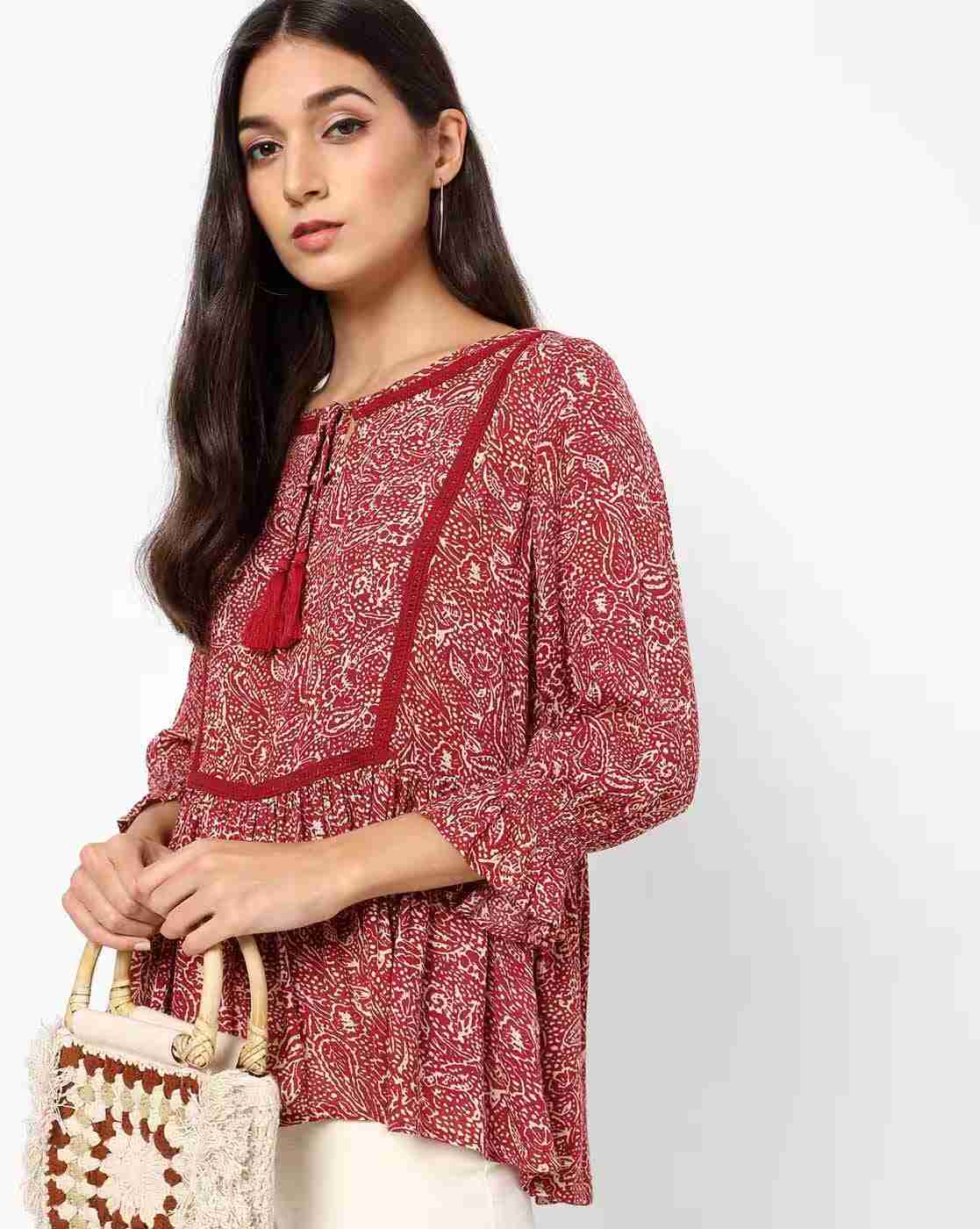 DNMX | Floral Print Flared Top with Tasselled Tie-Up|0