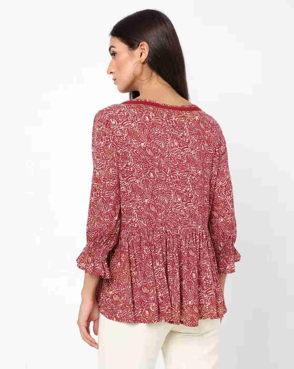 DNMX | Floral Print Flared Top with Tasselled Tie-Up|1