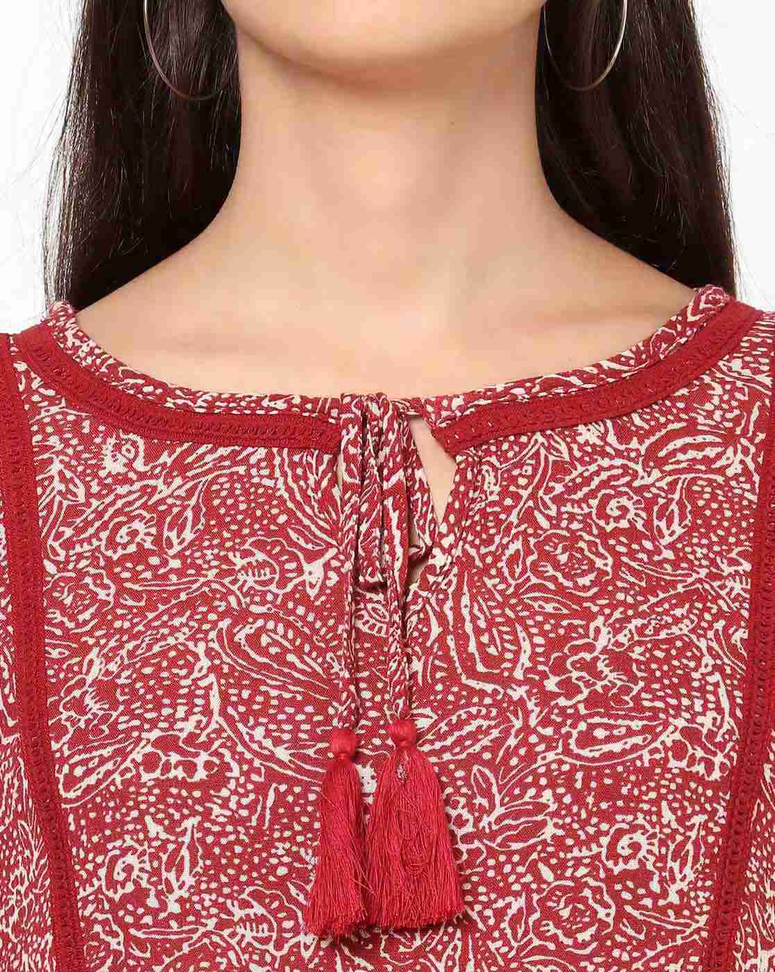 DNMX | Floral Print Flared Top with Tasselled Tie-Up|2