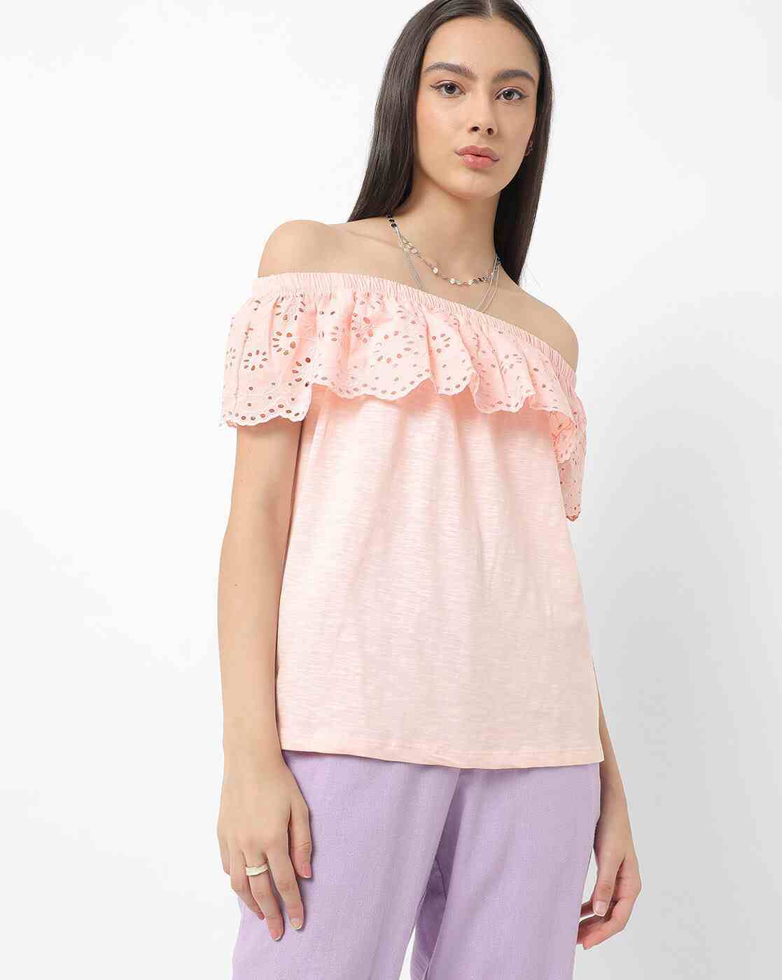 DNMX | Lace Cotton Top with Off-Shoulder|1