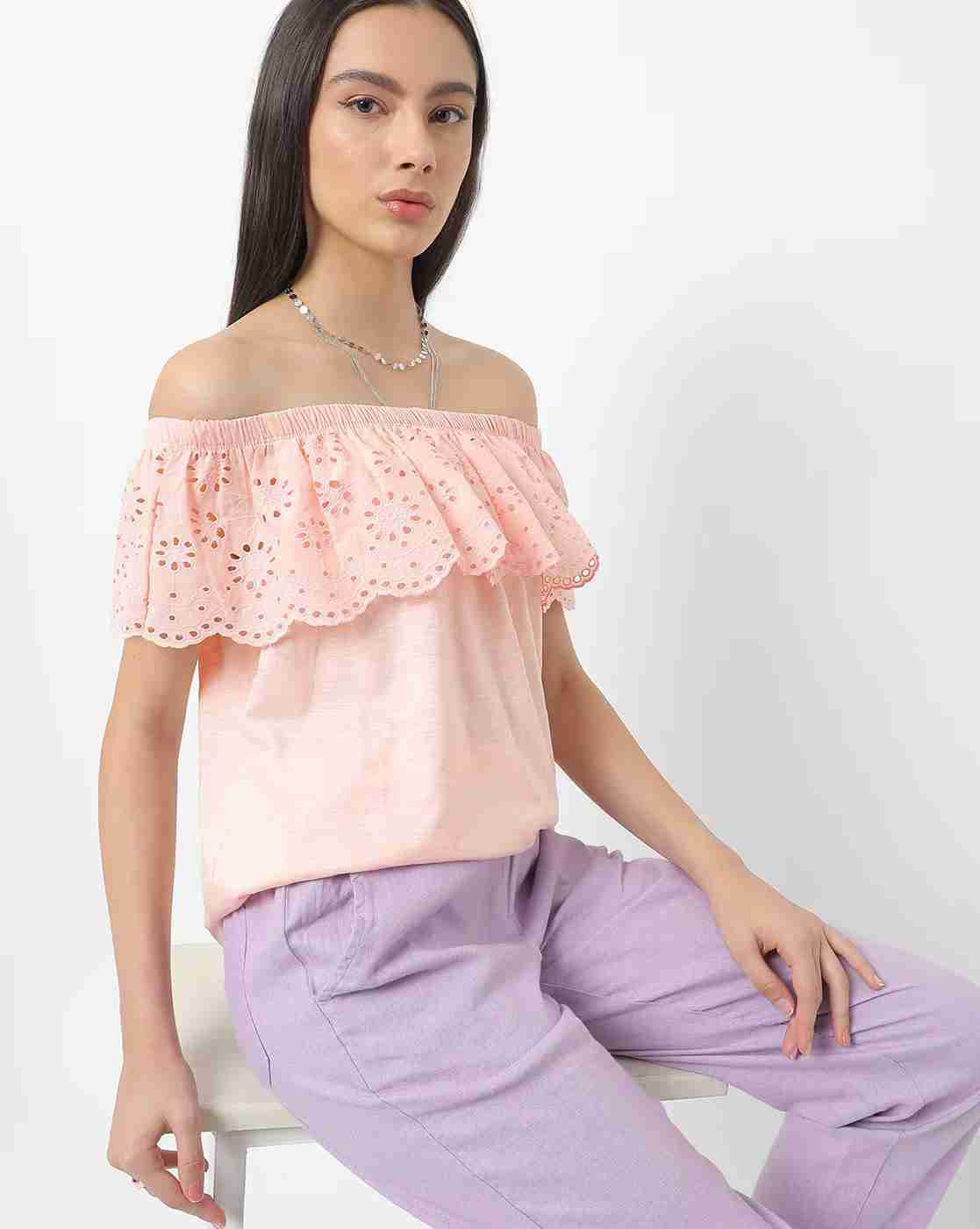 DNMX | Lace Cotton Top with Off-Shoulder|3
