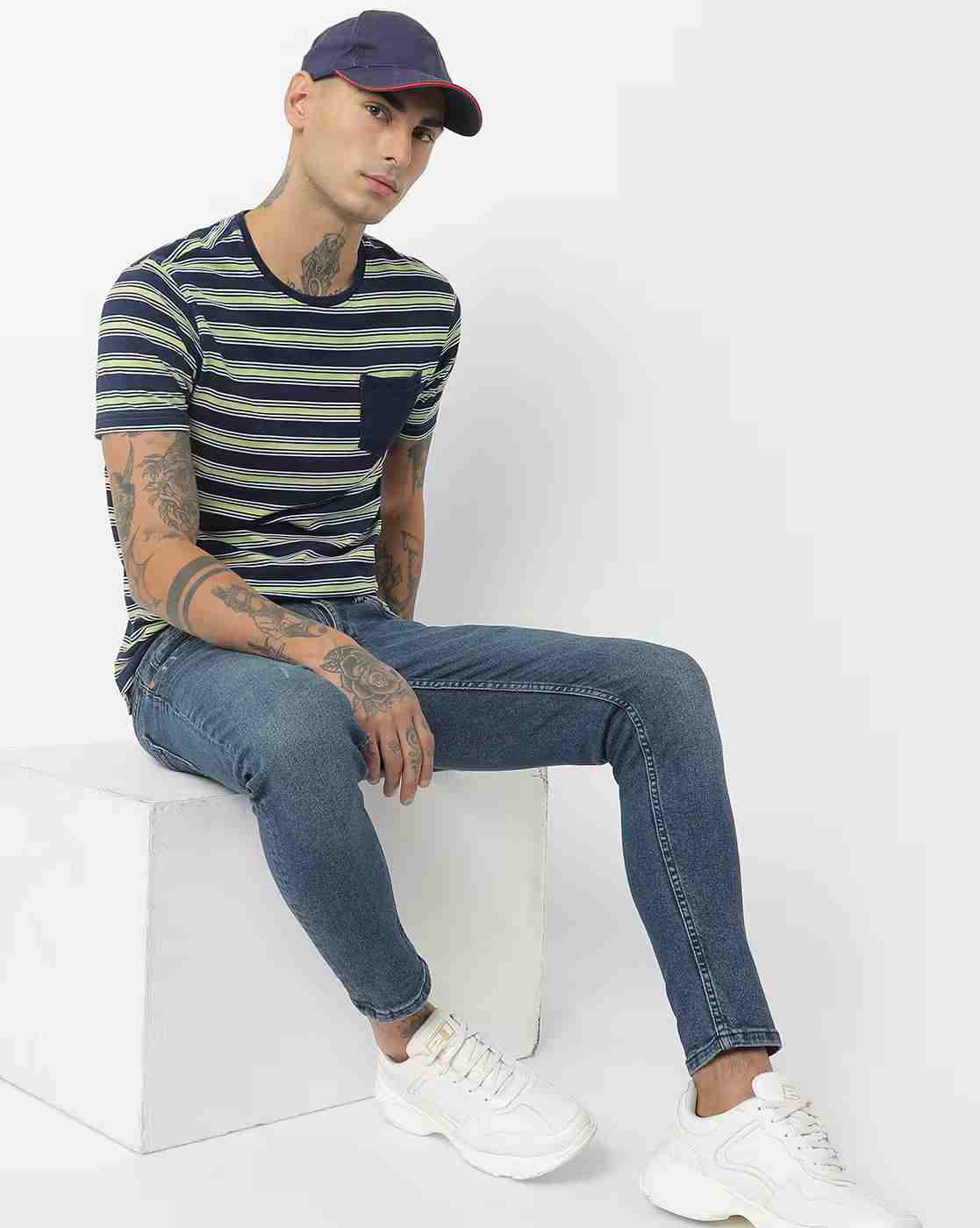 DNMX | Regular Fit Striped T-Shirt with Patch Pocket|0