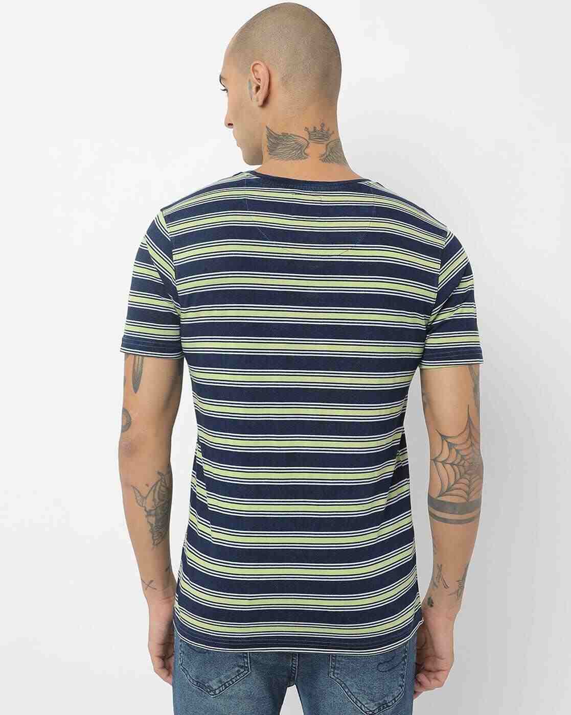 DNMX | Regular Fit Striped T-Shirt with Patch Pocket|1