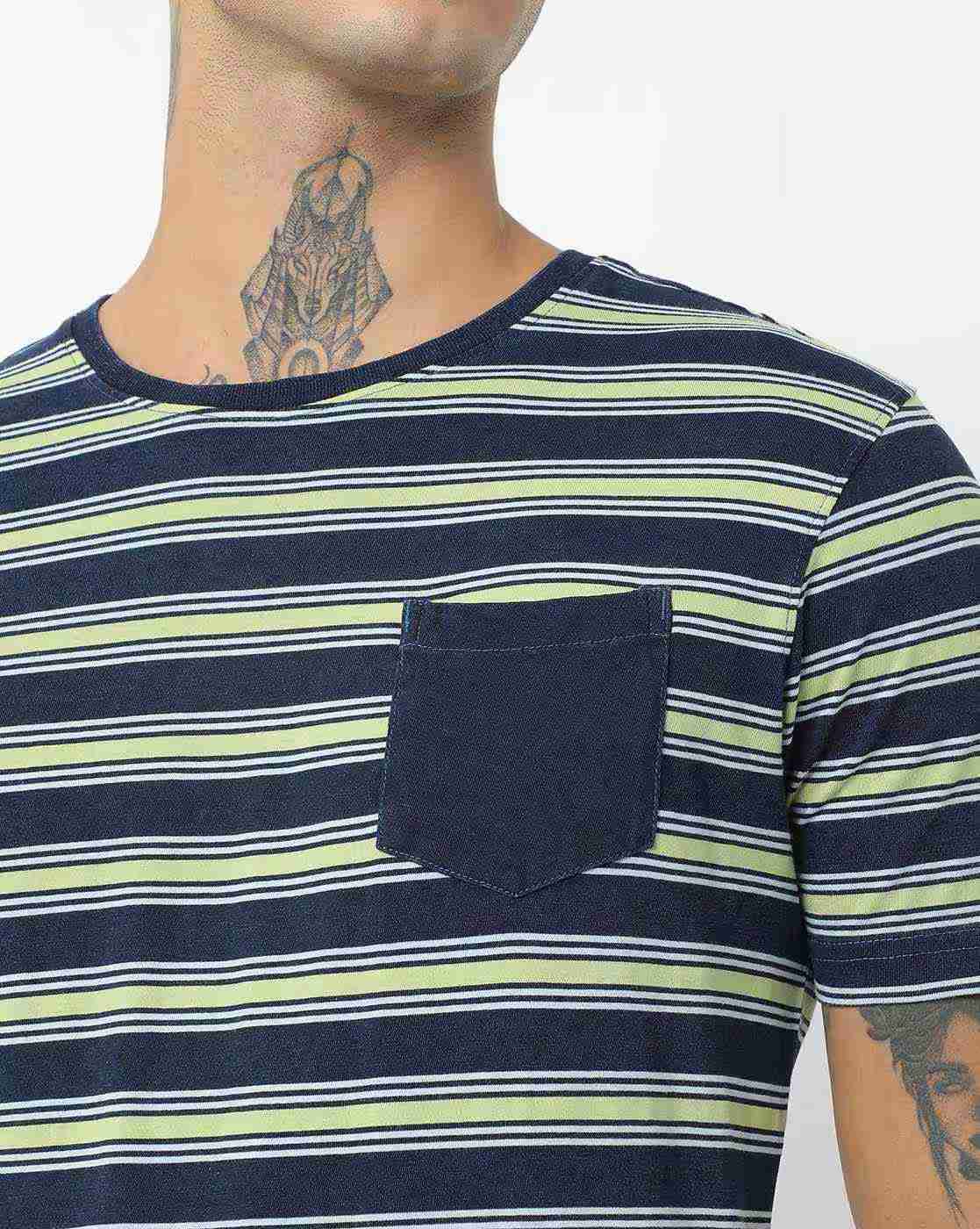 DNMX | Regular Fit Striped T-Shirt with Patch Pocket|2