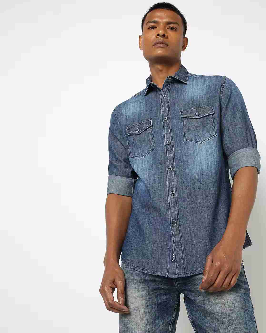 DNMX | Men Washed Slim Fit Denim Shirt|0