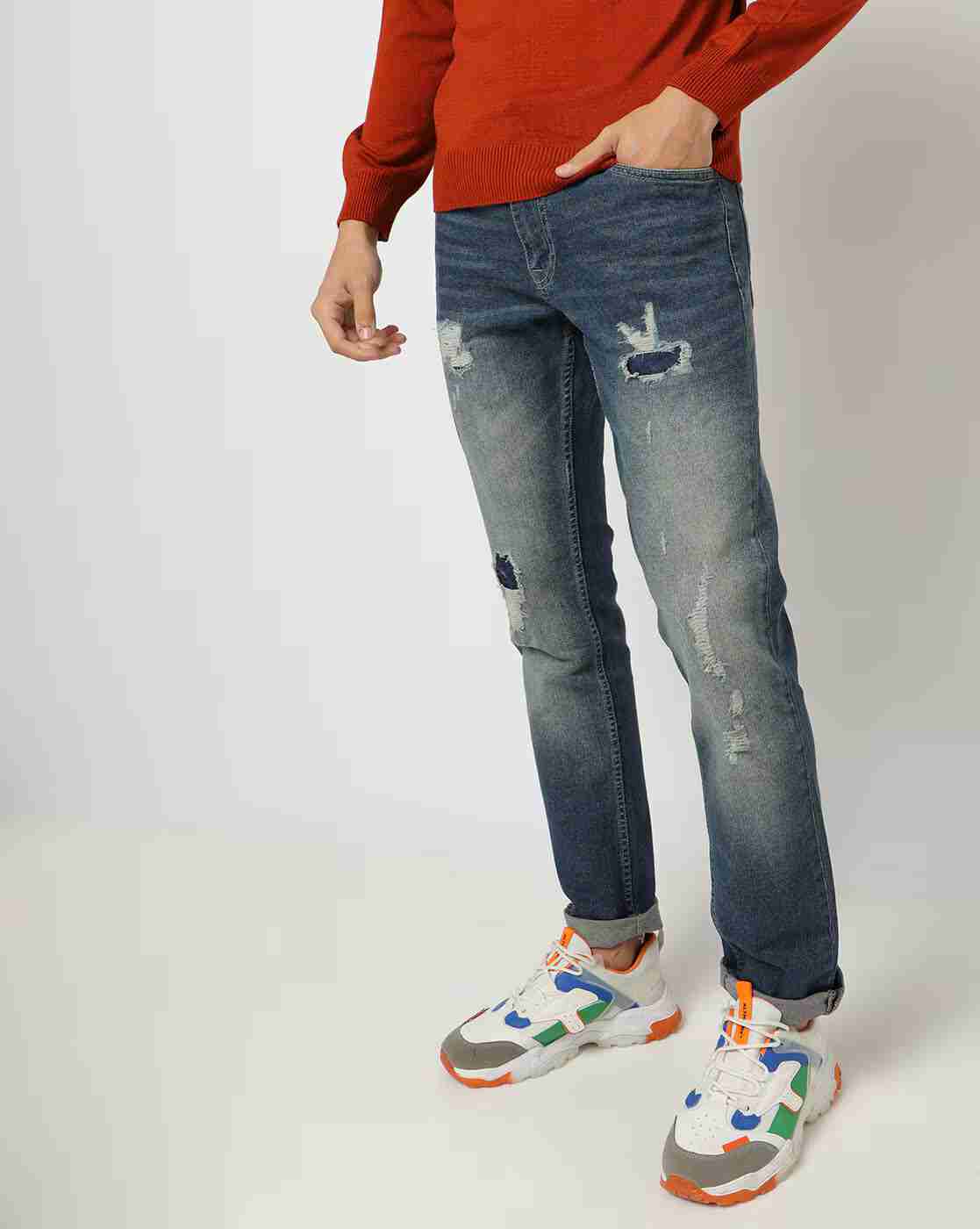 DNMX | Men Heavily Washed Distressed Slim Fit Jeans|0