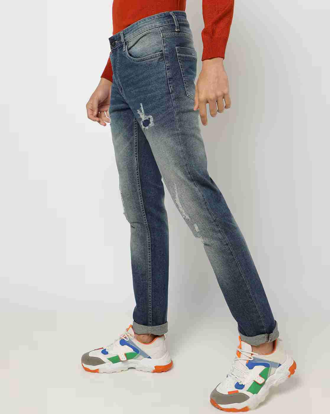 DNMX | Men Heavily Washed Distressed Slim Fit Jeans|1