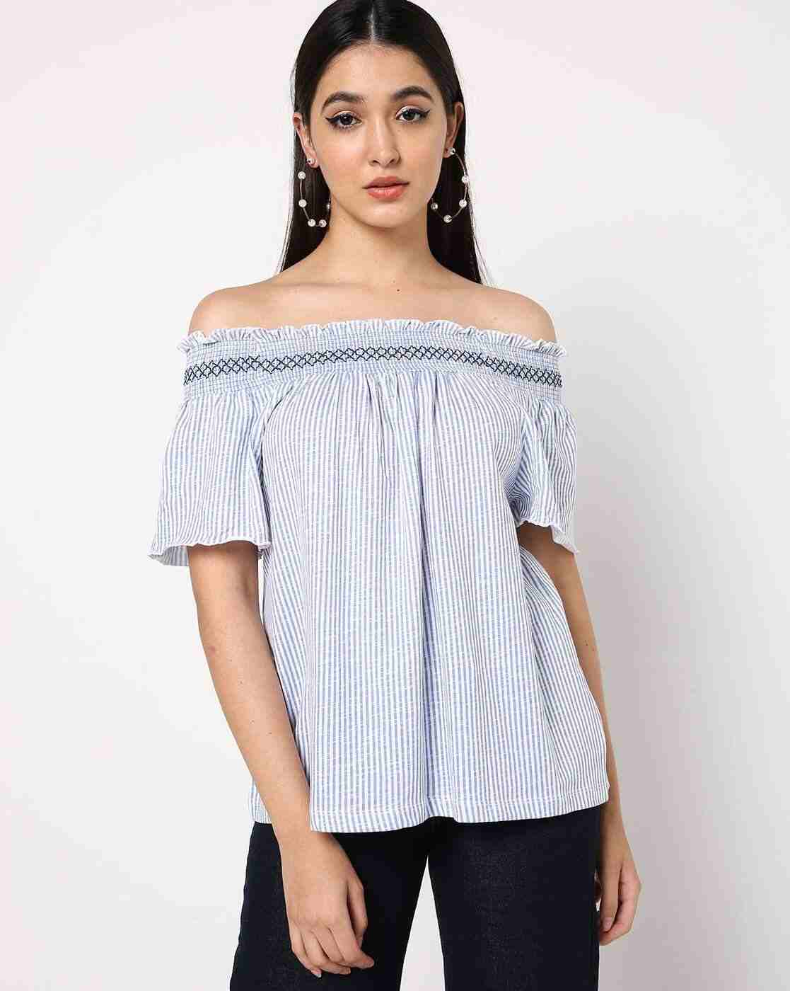 DNMX | Striped Top with Off-Shoulder Sleeves|0