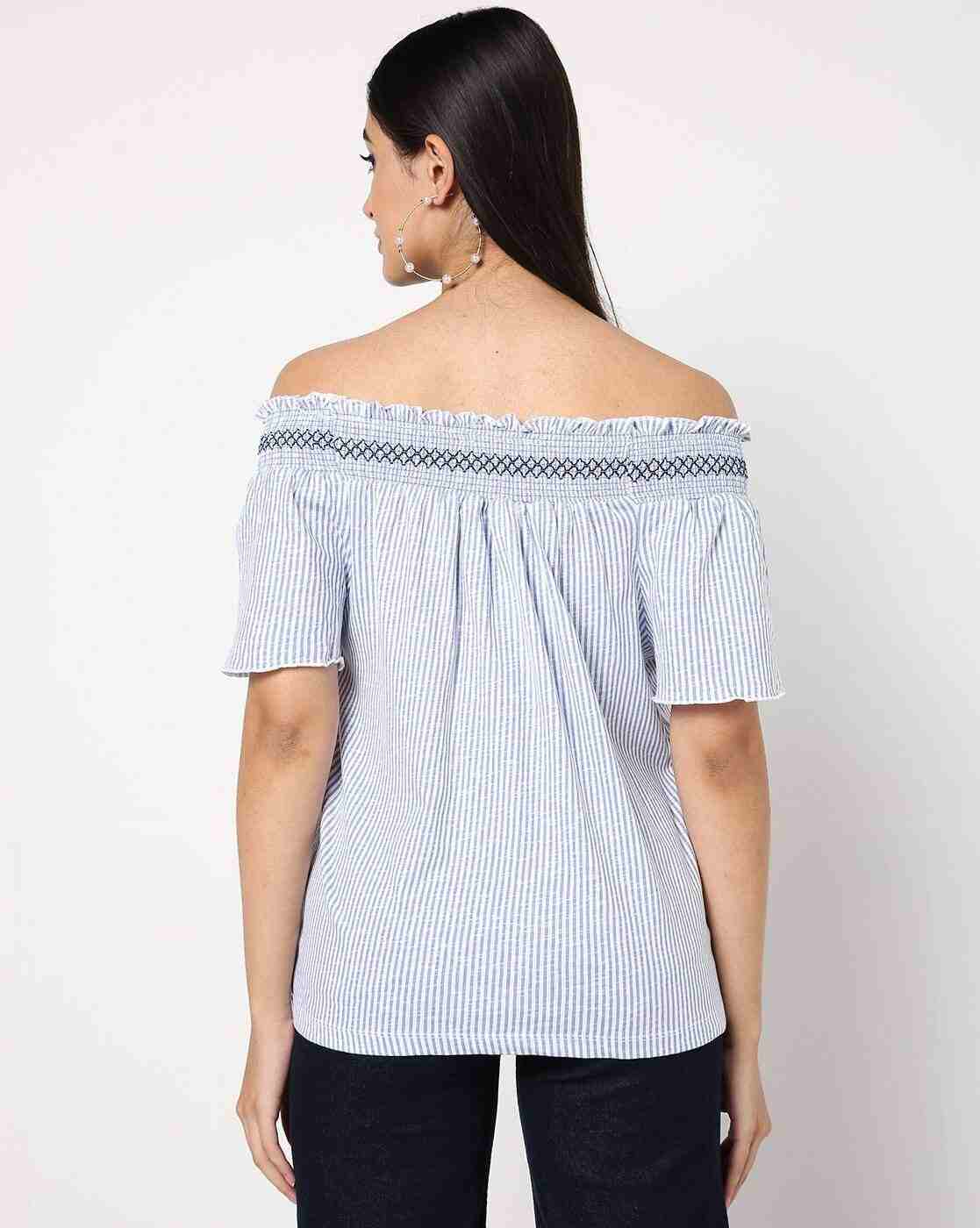 DNMX | Striped Top with Off-Shoulder Sleeves|1