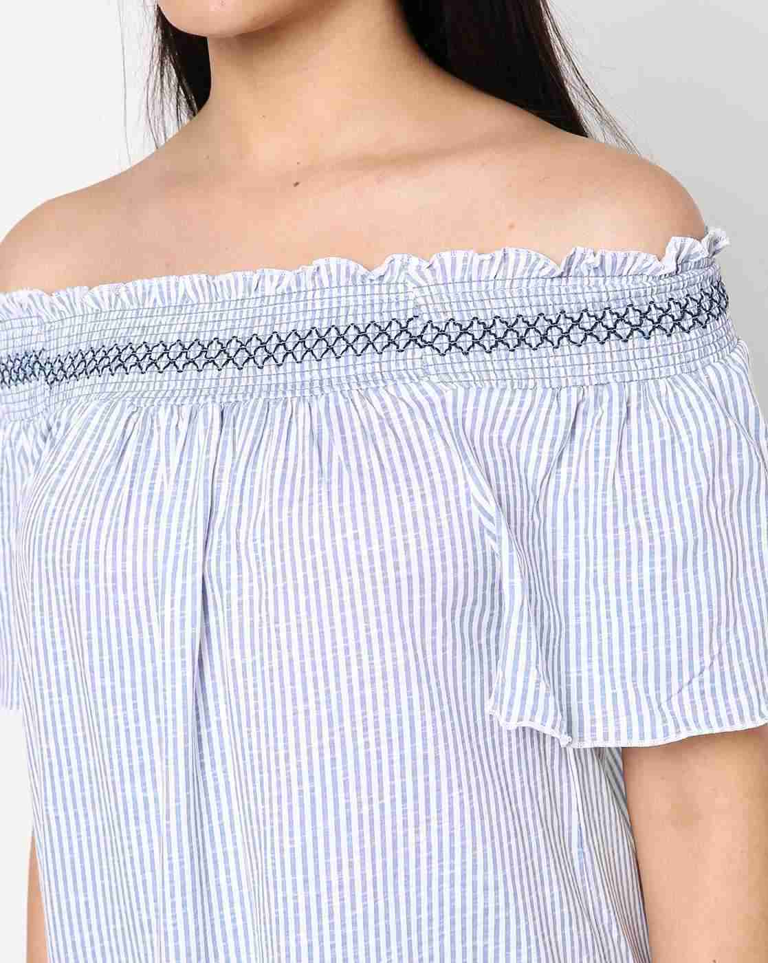 DNMX | Striped Top with Off-Shoulder Sleeves|2