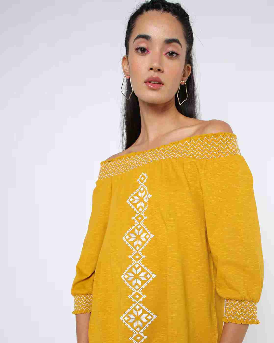 DNMX | Geometric Print Knitted Off-Shoulder Top|0