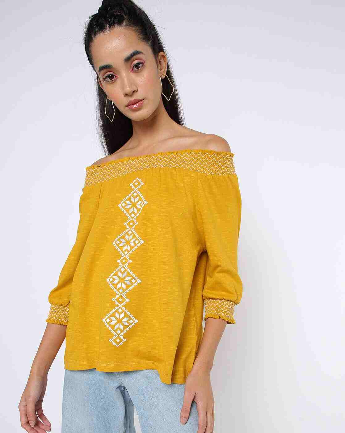 DNMX | Geometric Print Knitted Off-Shoulder Top|2
