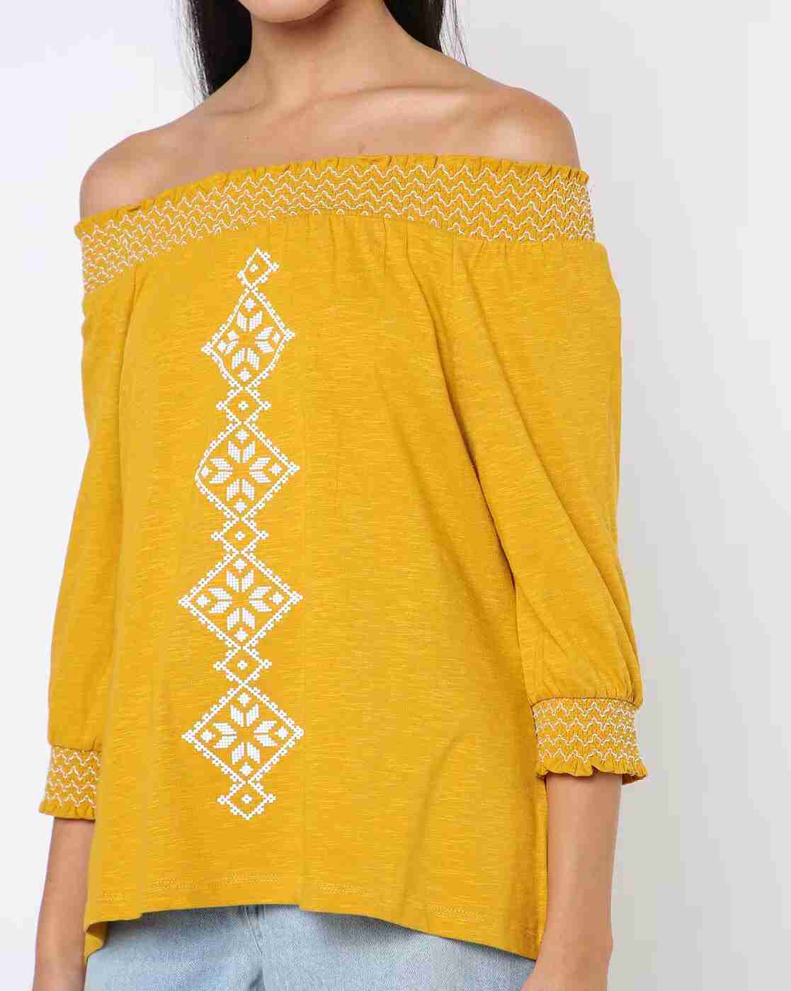DNMX | Geometric Print Knitted Off-Shoulder Top|3