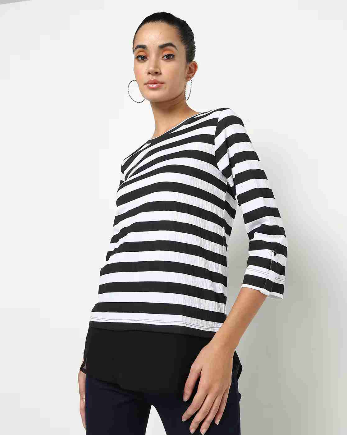 DNMX | Striped Round-Neck Top|0