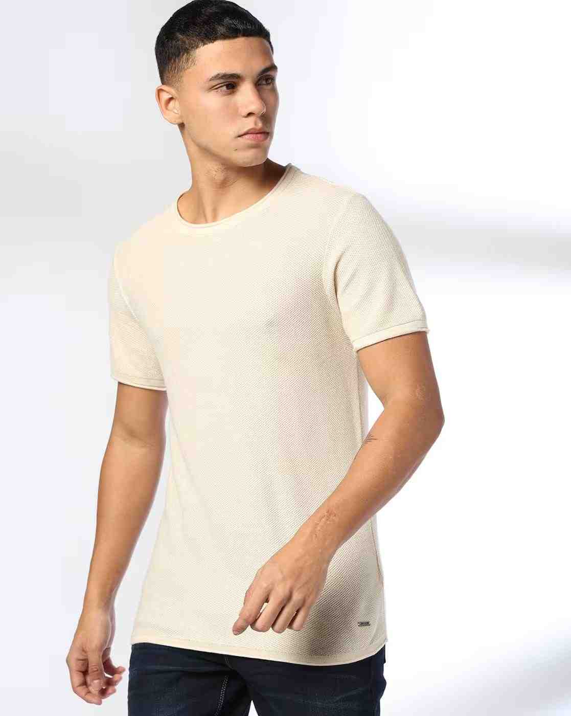 Men Waffle Texture Slim Fit Round-Neck T-Shirt