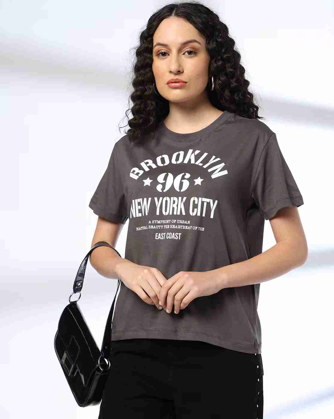 DNMX | Women Typographic Print Boxy Fit Cotton Crew-Neck T-Shirt|0