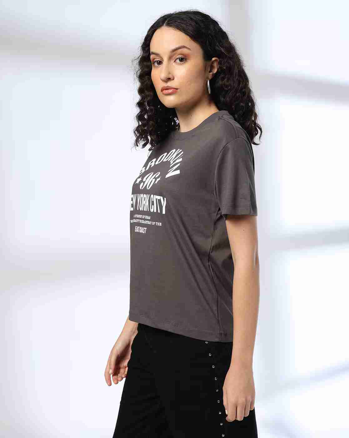 DNMX | Women Typographic Print Boxy Fit Cotton Crew-Neck T-Shirt|1