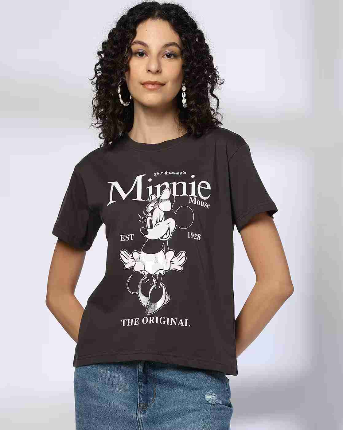DNMX | Women Minnie Mouse Print Boxy Fit Cotton Round-Neck T-Shirt|0