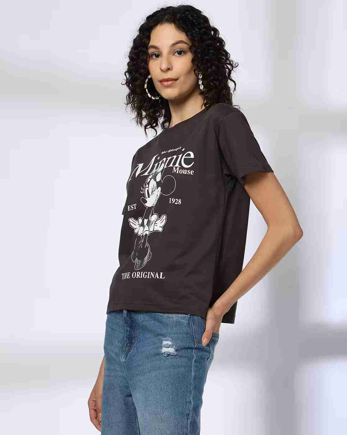 DNMX | Women Minnie Mouse Print Boxy Fit Cotton Round-Neck T-Shirt|1