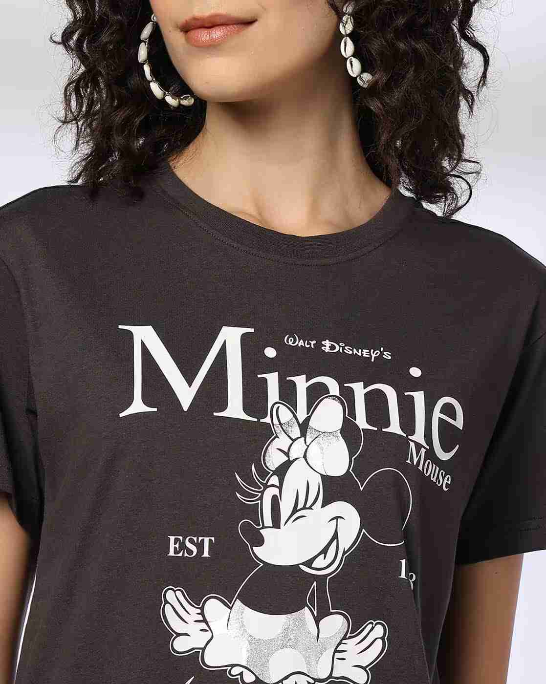 DNMX | Women Minnie Mouse Print Boxy Fit Cotton Round-Neck T-Shirt|3