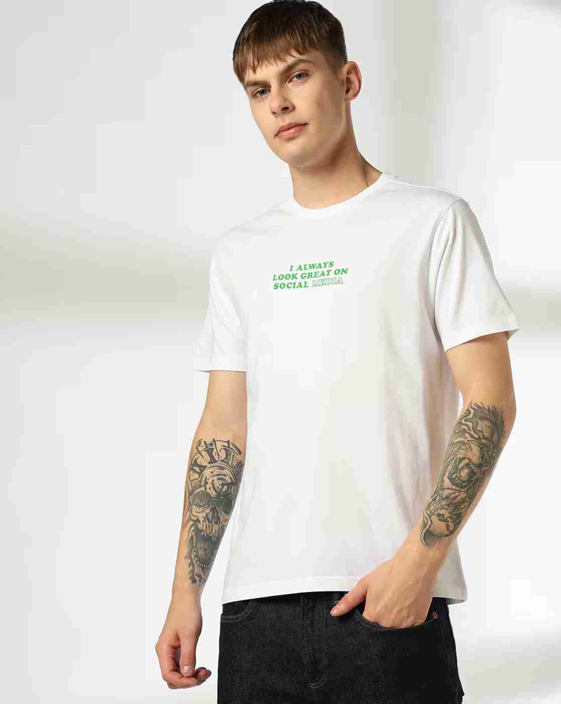 DNMX | Men Typographic Print Regular Fit Cotton Crew-Neck T-Shirt|0