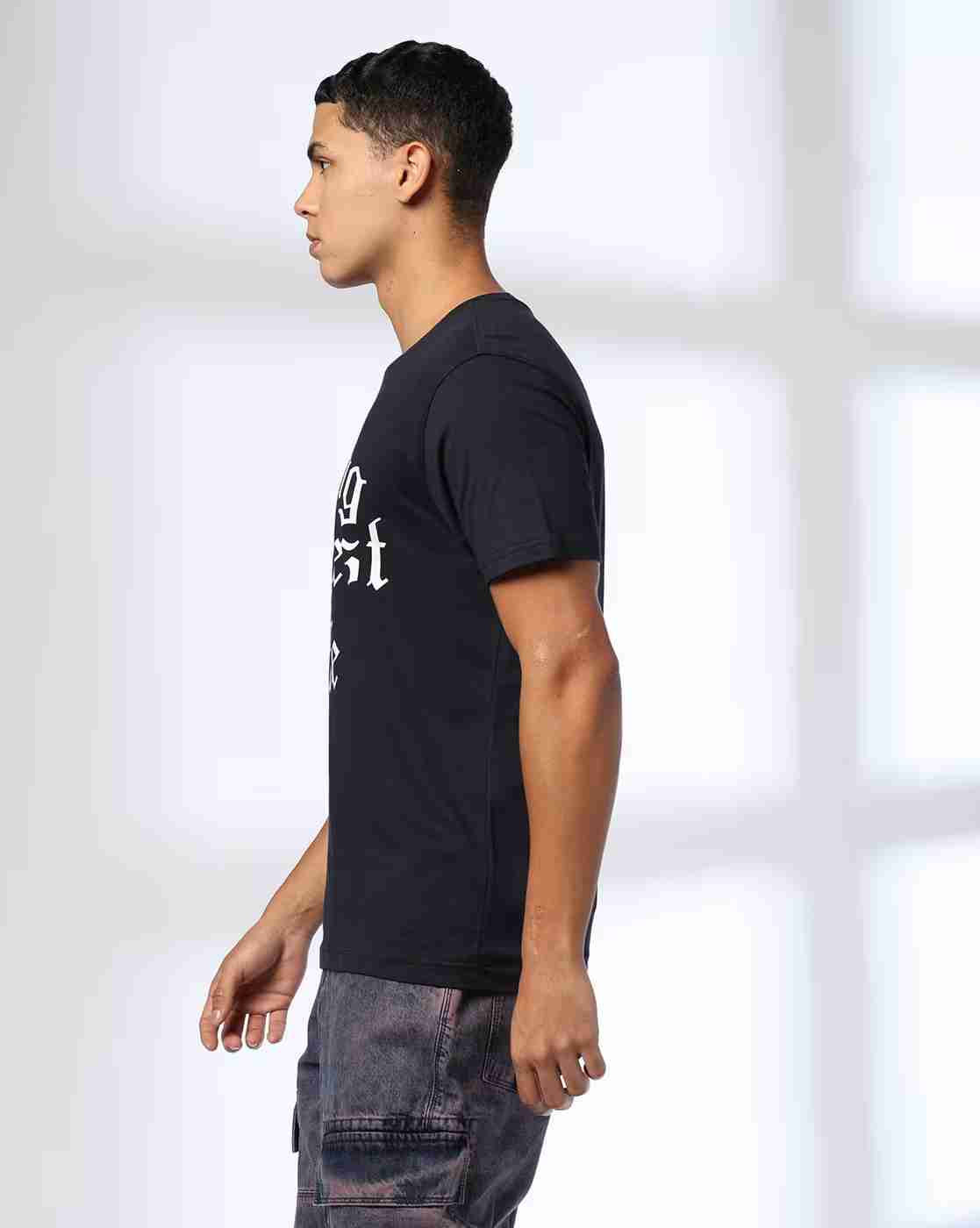 DNMX | Men Typographic Print Regular Fit Cotton Crew-Neck T-Shirt|1