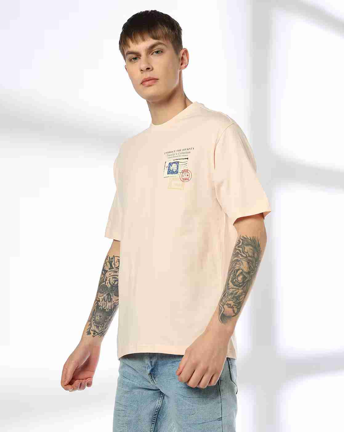 DNMX | Men Graphic Print Relaxed Fit Crew-Neck T-Shirt|1