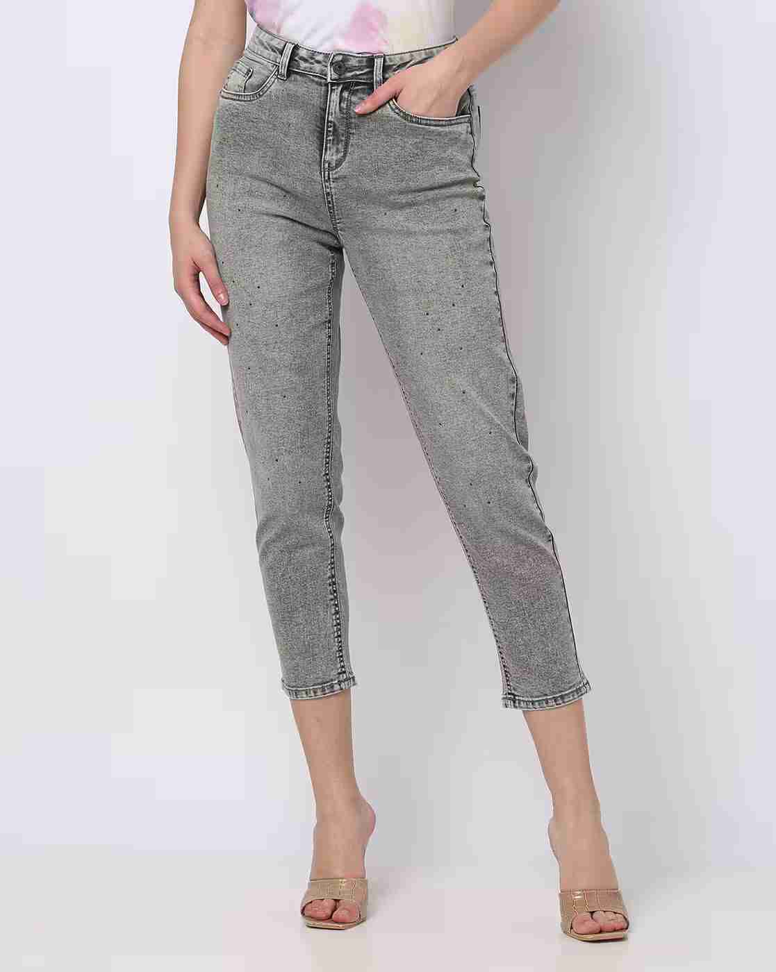 DNMX | Women Acid-Wash High-Rise Mom Jeans with Embellishments|0