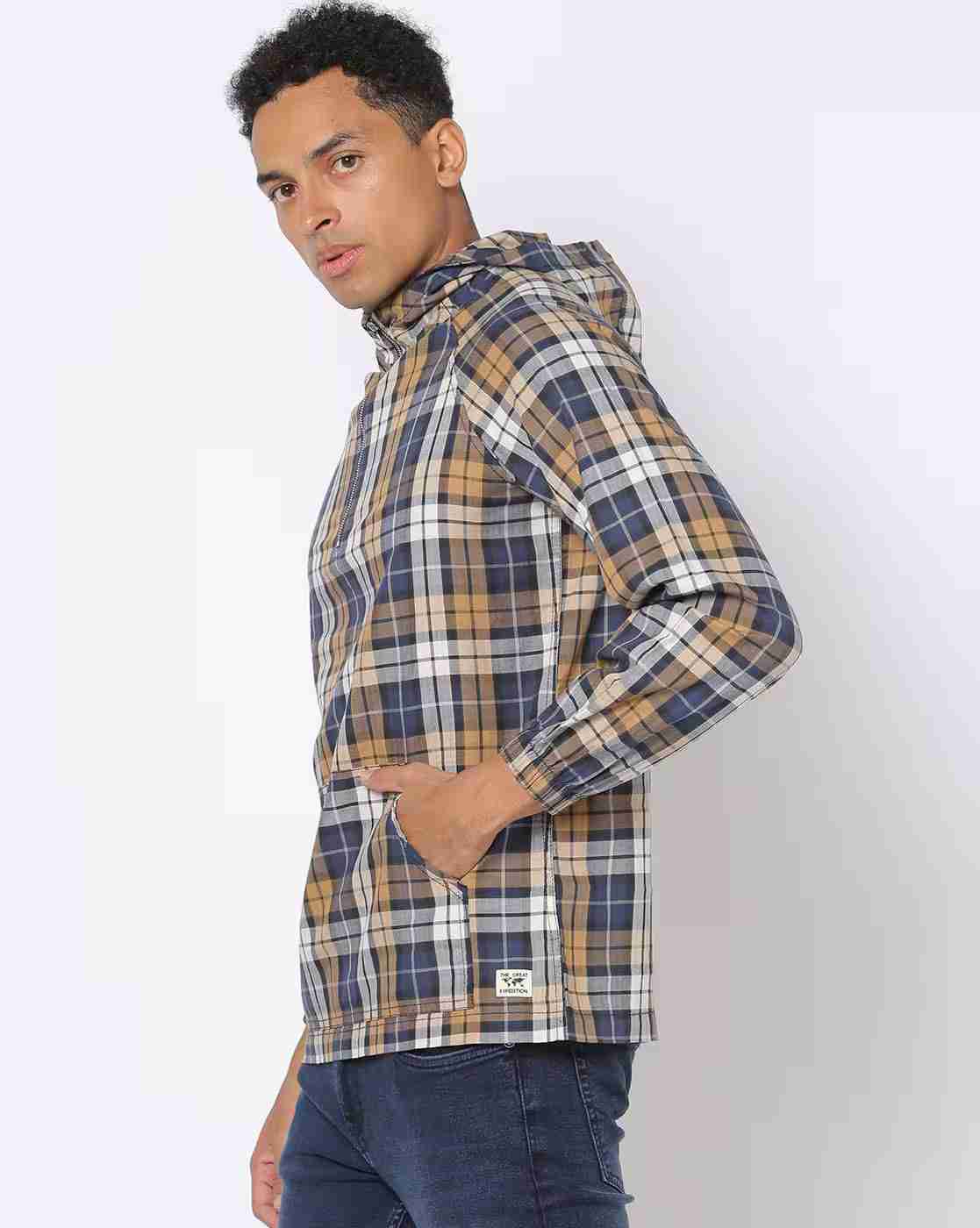 DNMX | Checked Hooded Shirt with Kangaroo Pocket|1
