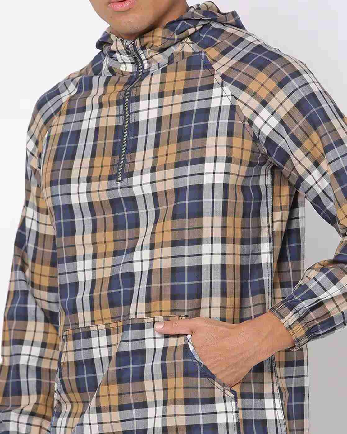 DNMX | Checked Hooded Shirt with Kangaroo Pocket|3