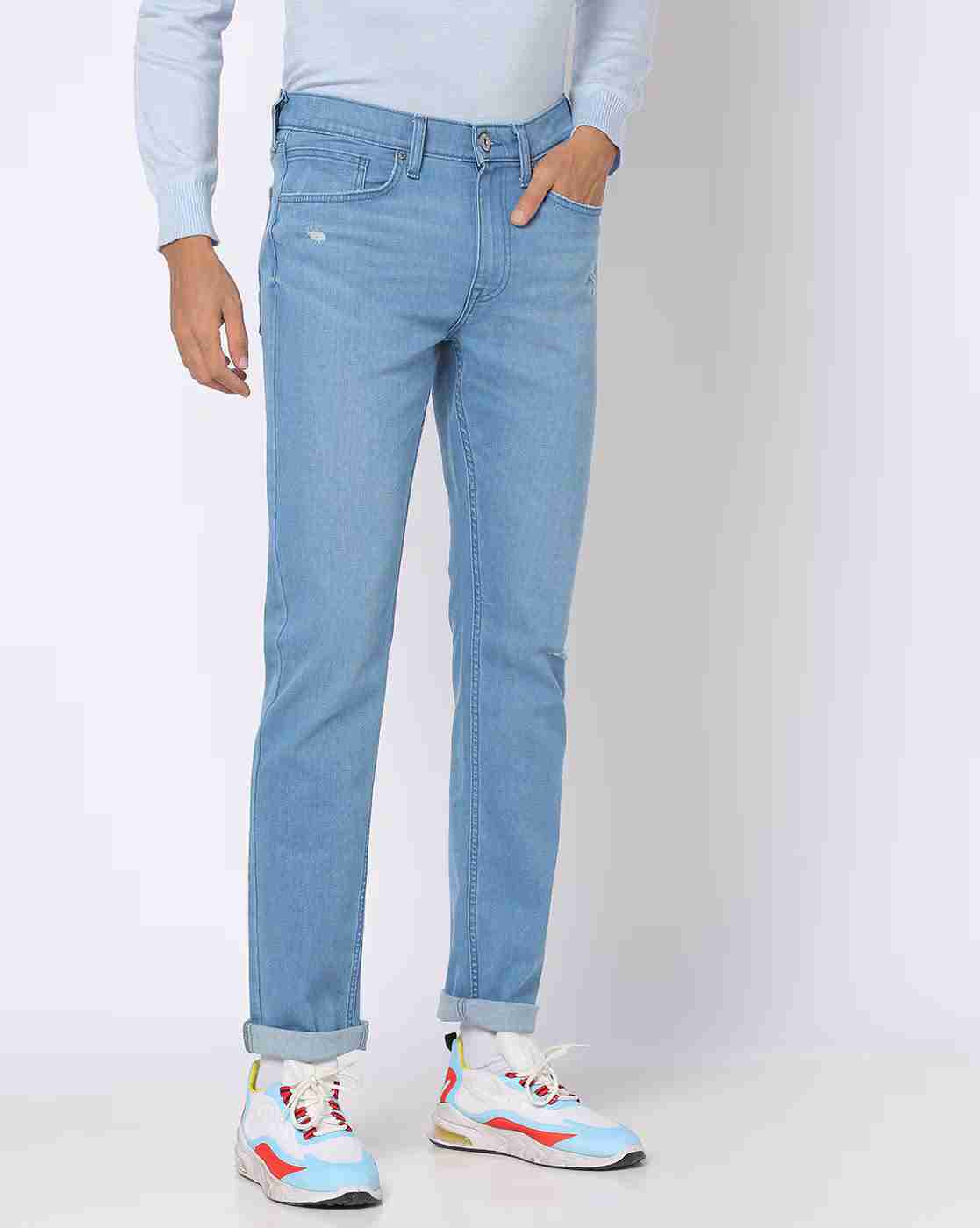 DNMX | Men Lightly Washed Distressed Slim Fit Jeans|0