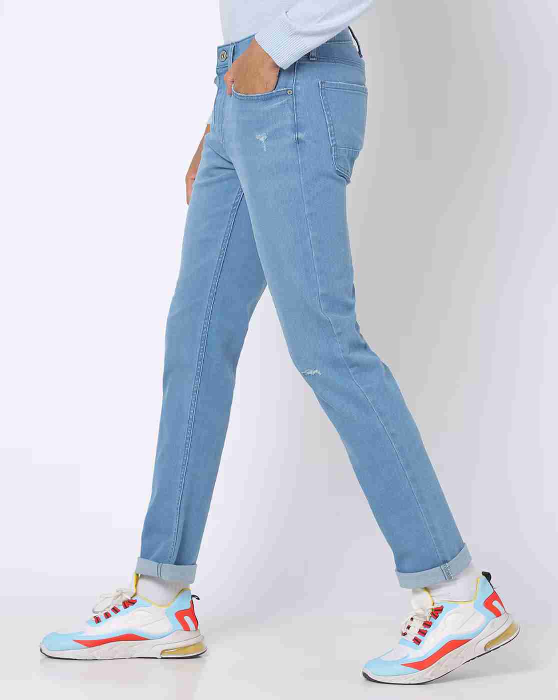 DNMX | Men Lightly Washed Distressed Slim Fit Jeans|1