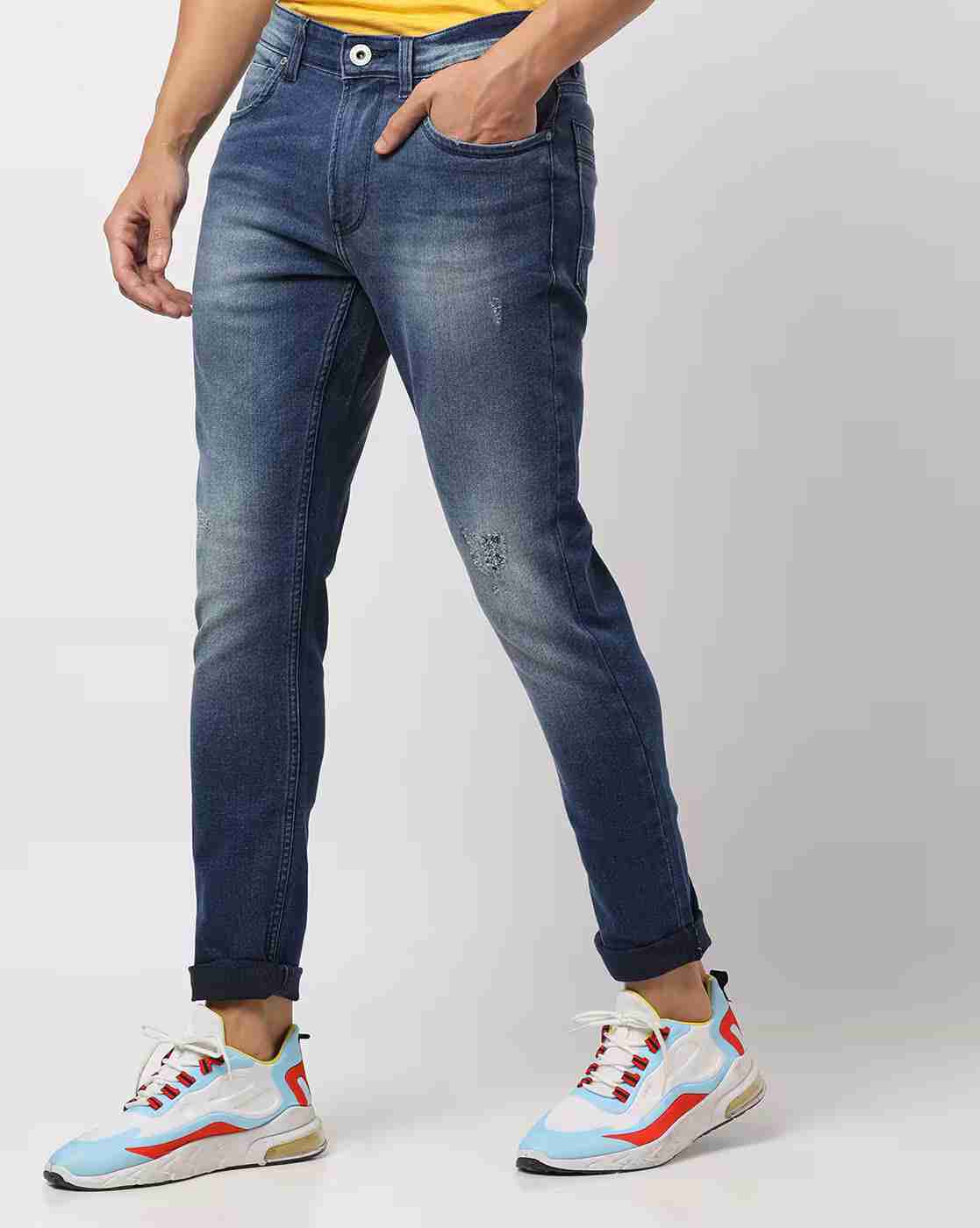 DNMX | Men Mid-Wash Distressed Skinny Fit Jeans|0