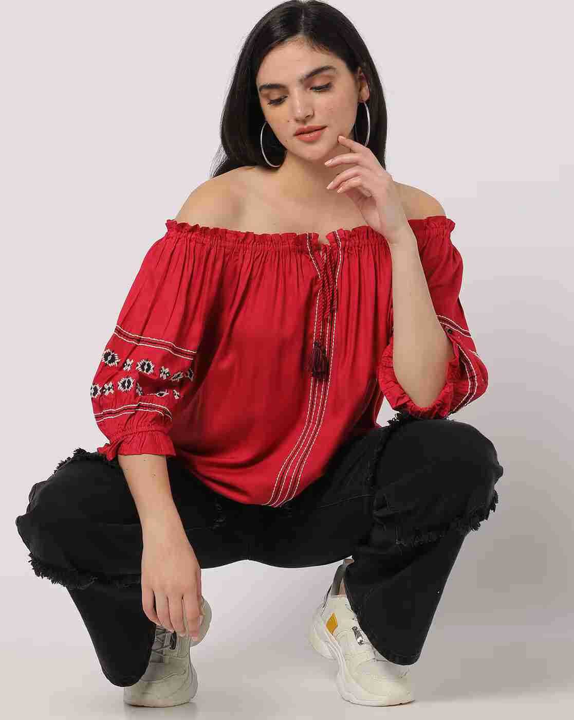 DNMX | Off-Shoulder Bardot Top with Embroidery|0