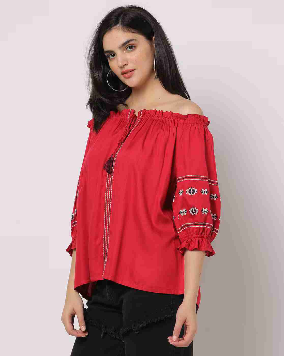 DNMX | Off-Shoulder Bardot Top with Embroidery|1