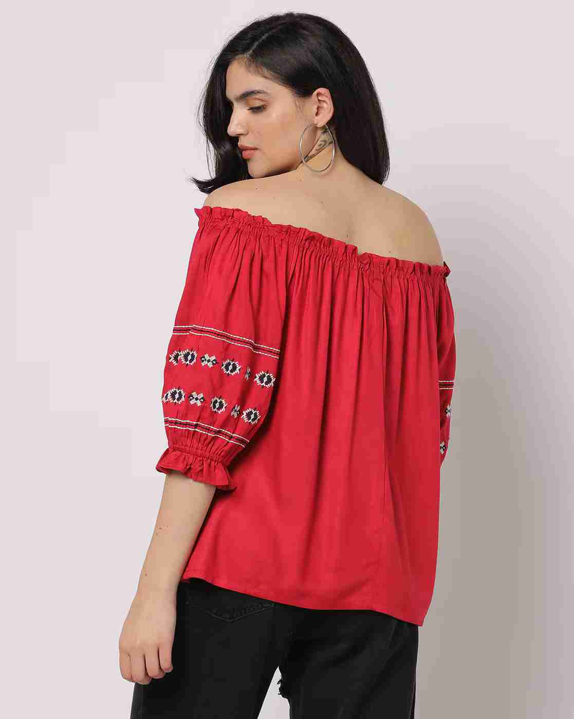 DNMX | Off-Shoulder Bardot Top with Embroidery|2