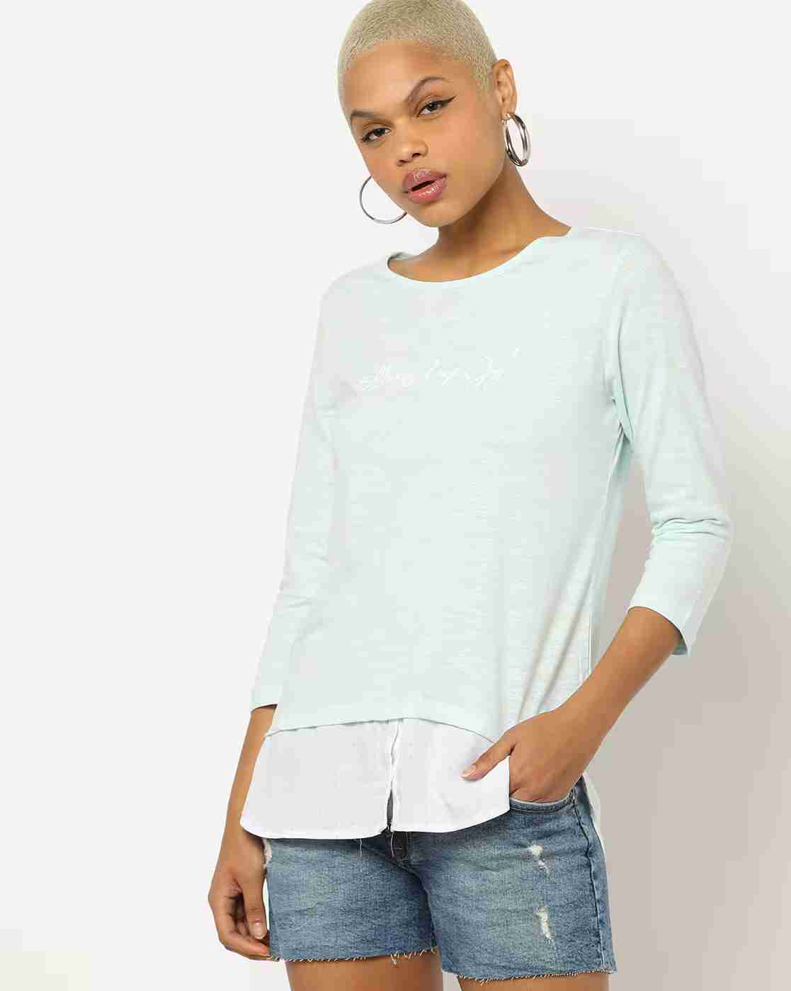 DNMX | Round-Neck Twofer Top with Statement Print|0