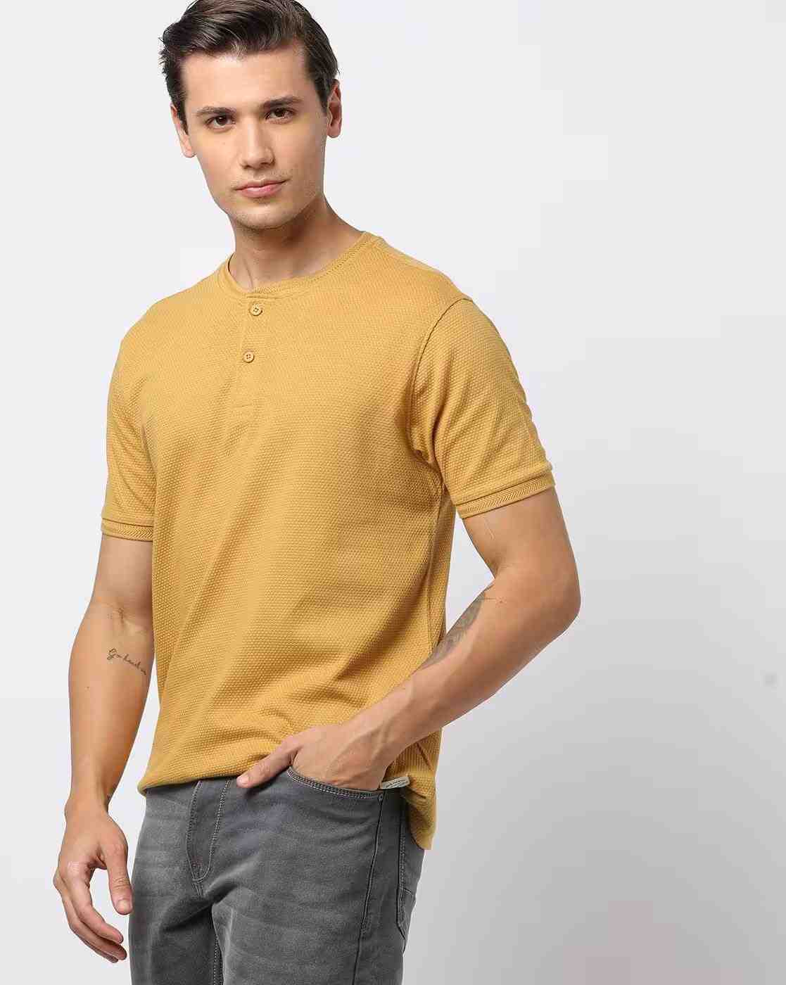 DNMX | Slim Fit Cotton Henley T-Shirt|0