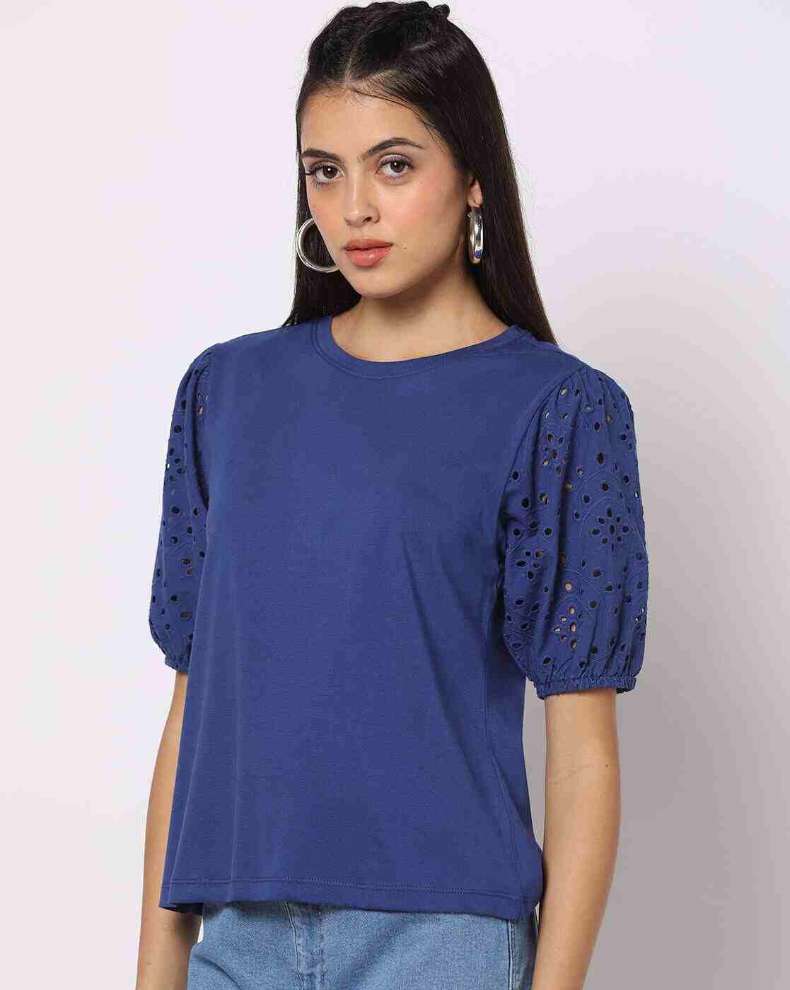 DNMX | Round-Neck Top with Schiffli Embroidered Sleeves|0