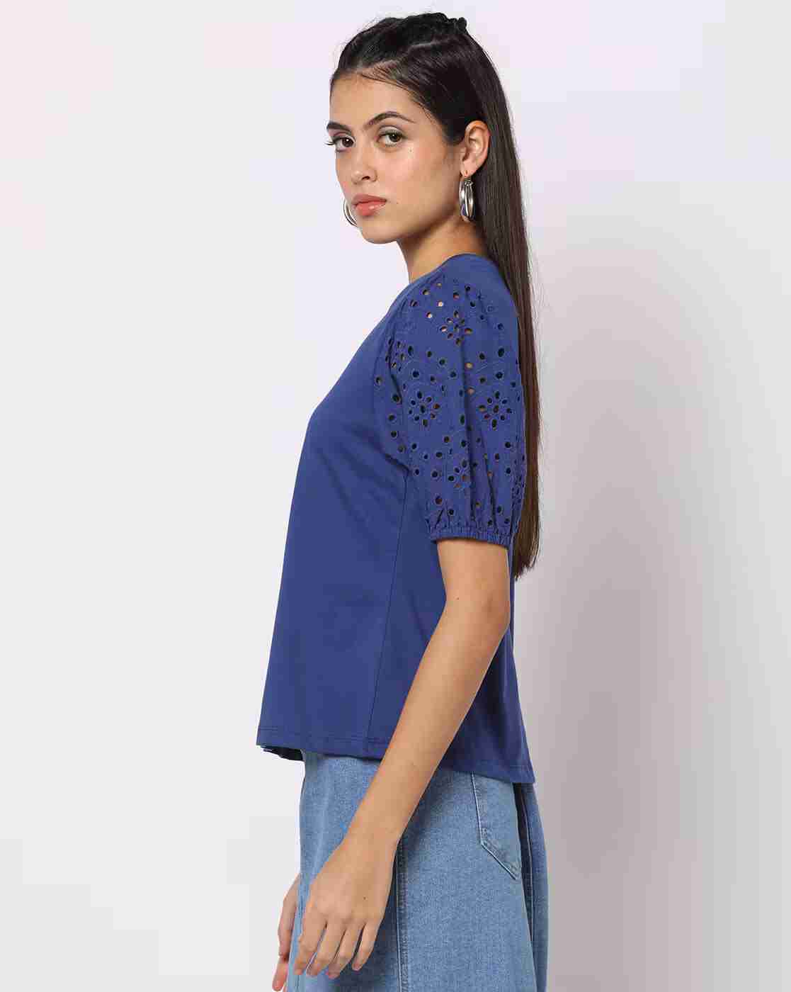 DNMX | Round-Neck Top with Schiffli Embroidered Sleeves|1