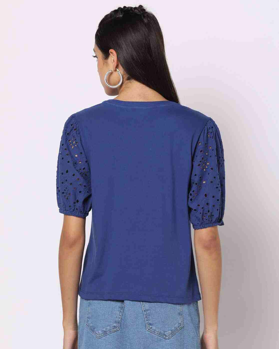 DNMX | Round-Neck Top with Schiffli Embroidered Sleeves|2