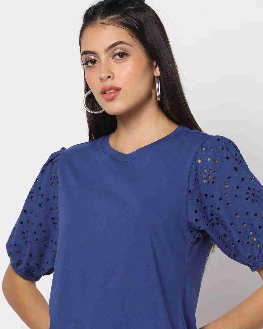 DNMX | Round-Neck Top with Schiffli Embroidered Sleeves|3