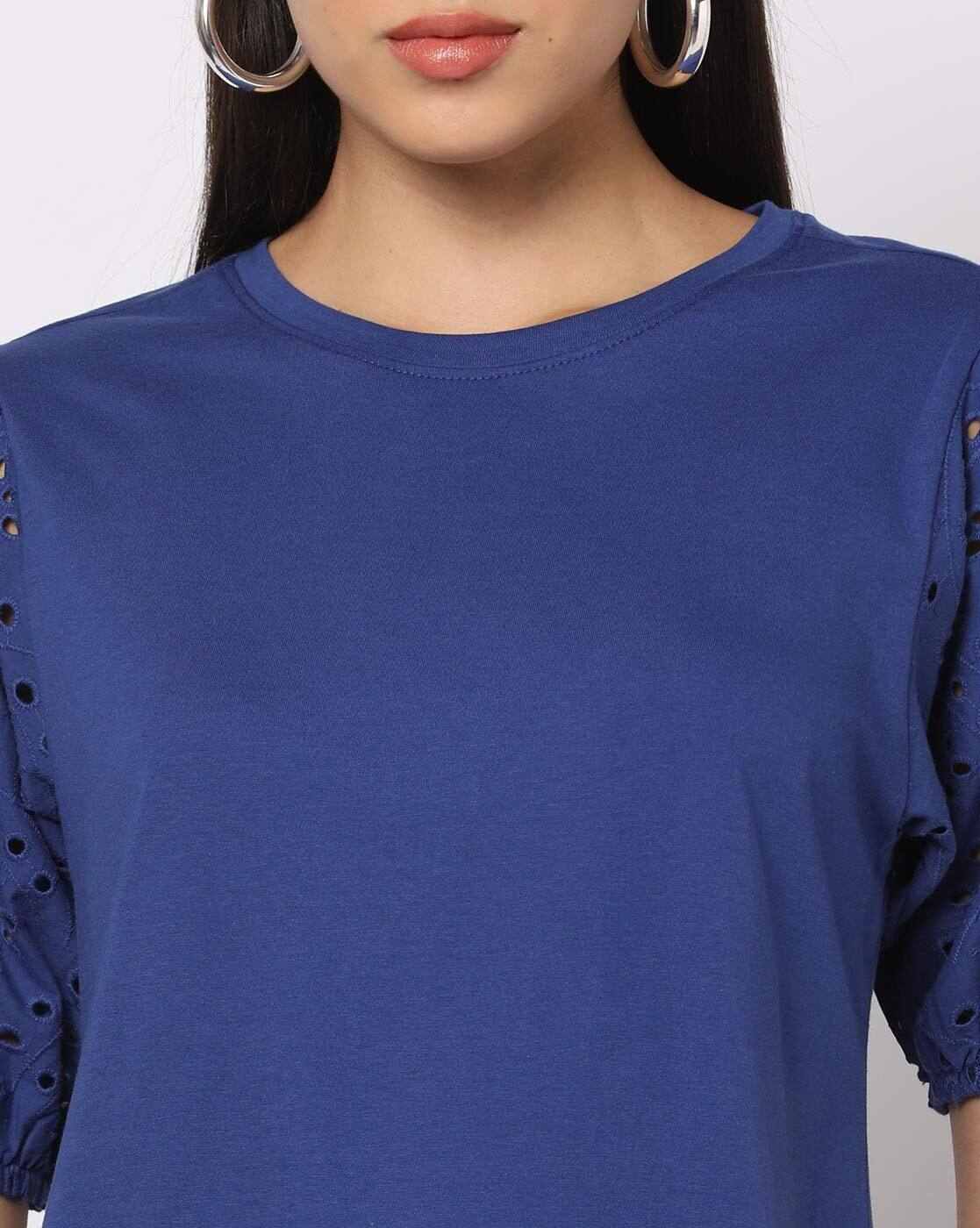 DNMX | Round-Neck Top with Schiffli Embroidered Sleeves|4