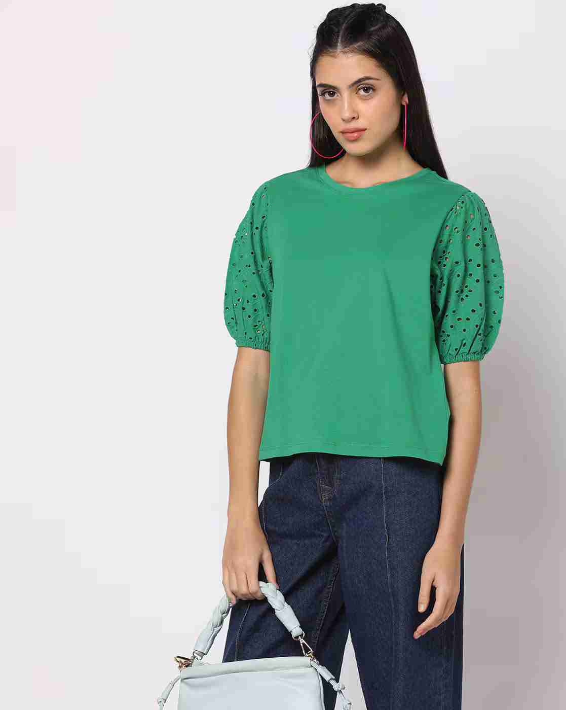 Round-Neck Top with Schiffli Embroidered Sleeves