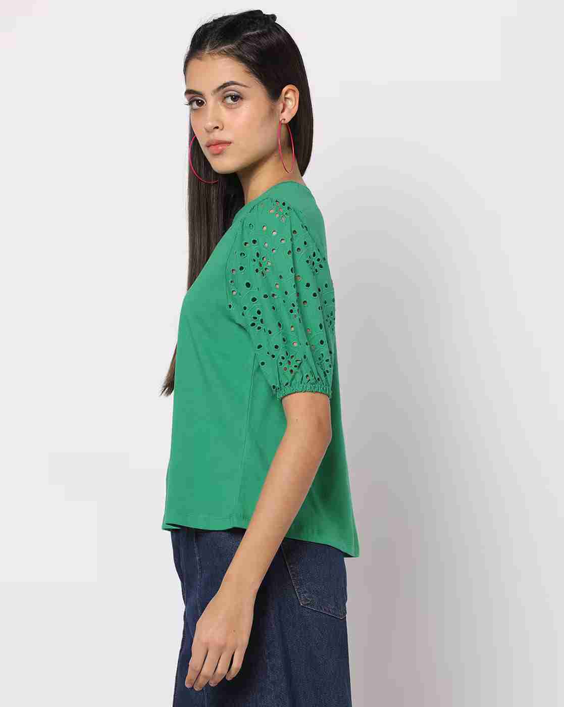 DNMX | Round-Neck Top with Schiffli Embroidered Sleeves|1
